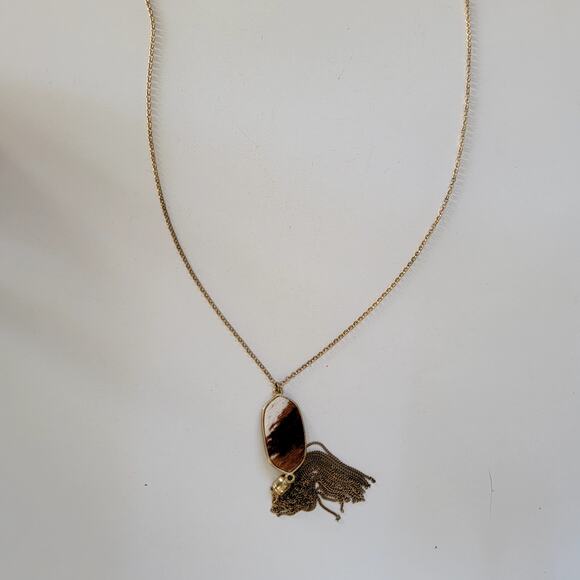 Vintage Long Gold Chain Necklace with Brown White Oval Pendant and Tassel Accent - Picture 1 of 10